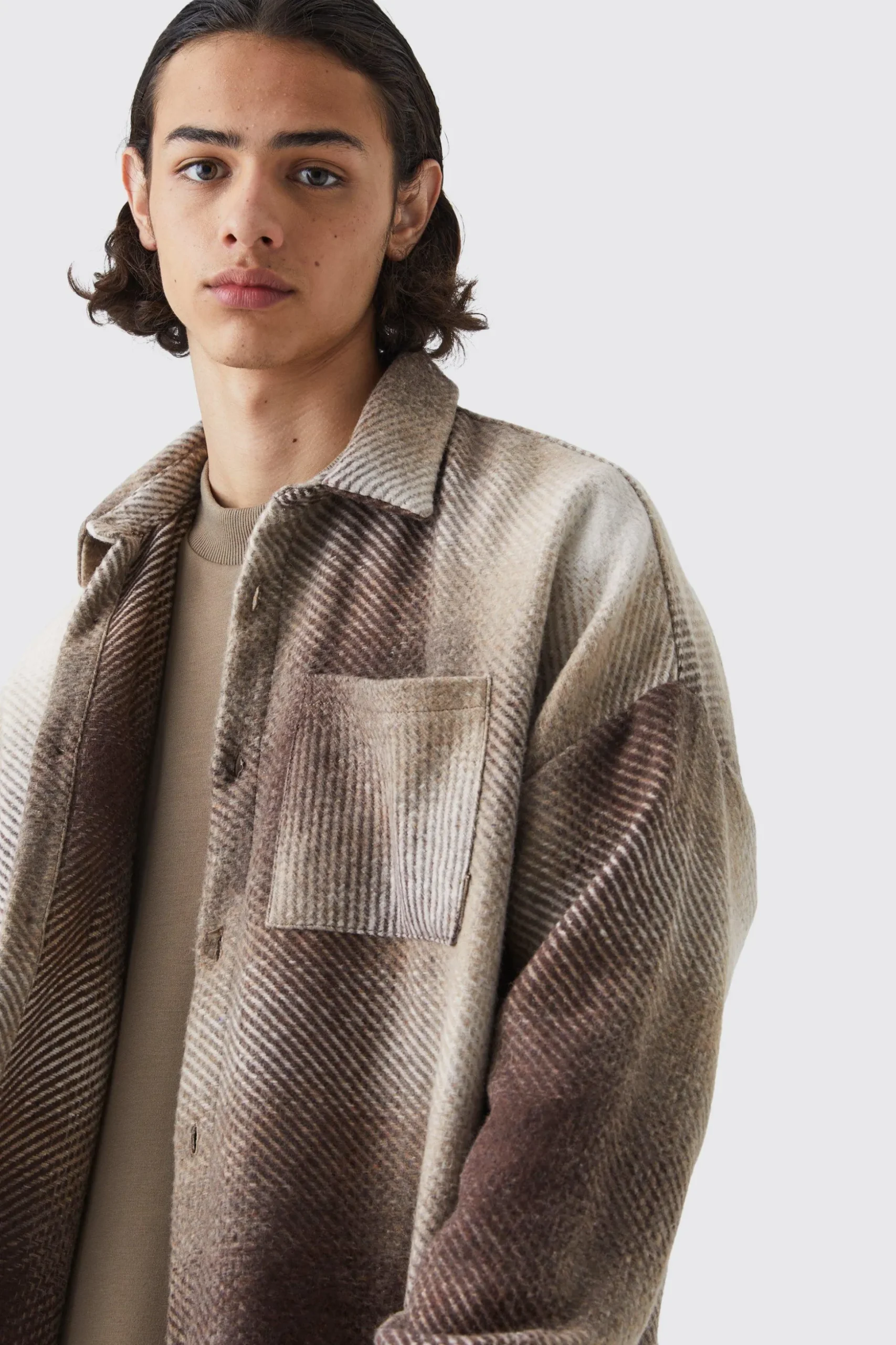 Oversized Button Up Ombre Check Overshirt | BoohooMAN UK