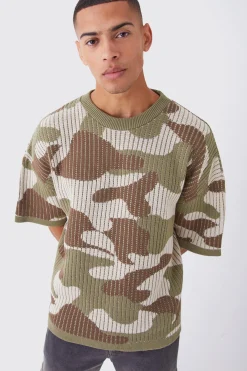 Oversized Camo Knitted T-shirt | BoohooMAN UK