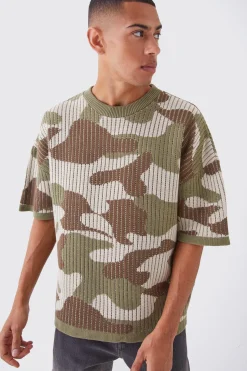 Oversized Camo Knitted T-shirt | BoohooMAN UK
