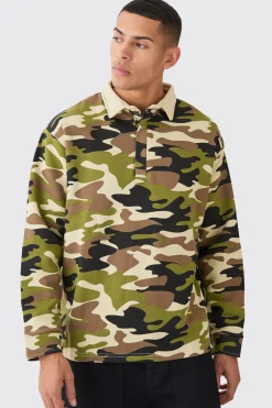 Oversized Camo Rugby Polo | BoohooMAN UK