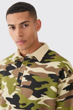 Oversized Camo Rugby Polo | BoohooMAN UK