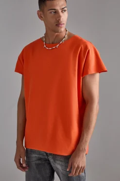 Oversized Cap Sleeve Slash Neck Loopback T-shirt | BoohooMAN UK