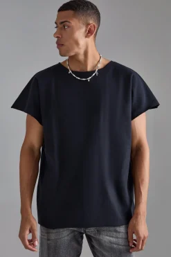 Oversized Cap Sleeve Slash Neck Loopback T-shirt | BoohooMAN UK