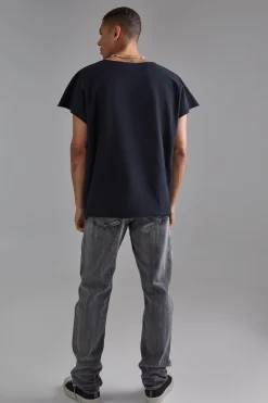 Oversized Cap Sleeve Slash Neck Loopback T-shirt | BoohooMAN UK