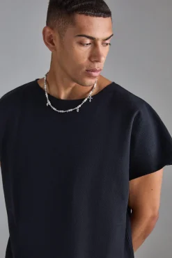 Oversized Cap Sleeve Slash Neck Loopback T-shirt | BoohooMAN UK