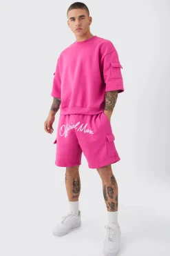 Oversized Cargo Pocket Half Sleeve Sweatshirt And Short Set | BoohooMAN UK
