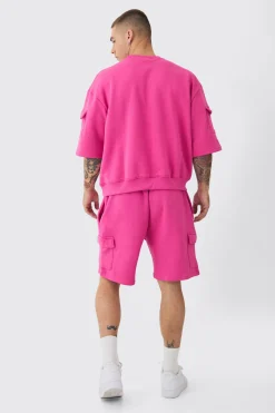 Oversized Cargo Pocket Half Sleeve Sweatshirt And Short Set | BoohooMAN UK