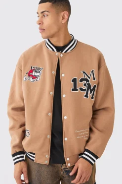 Oversized Character Applique Jersey Varsity Jacket | BoohooMAN UK