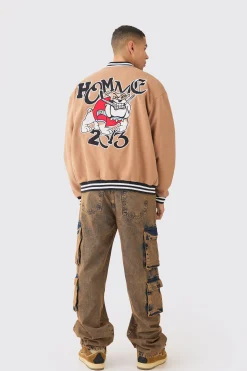 Oversized Character Applique Jersey Varsity Jacket | BoohooMAN UK
