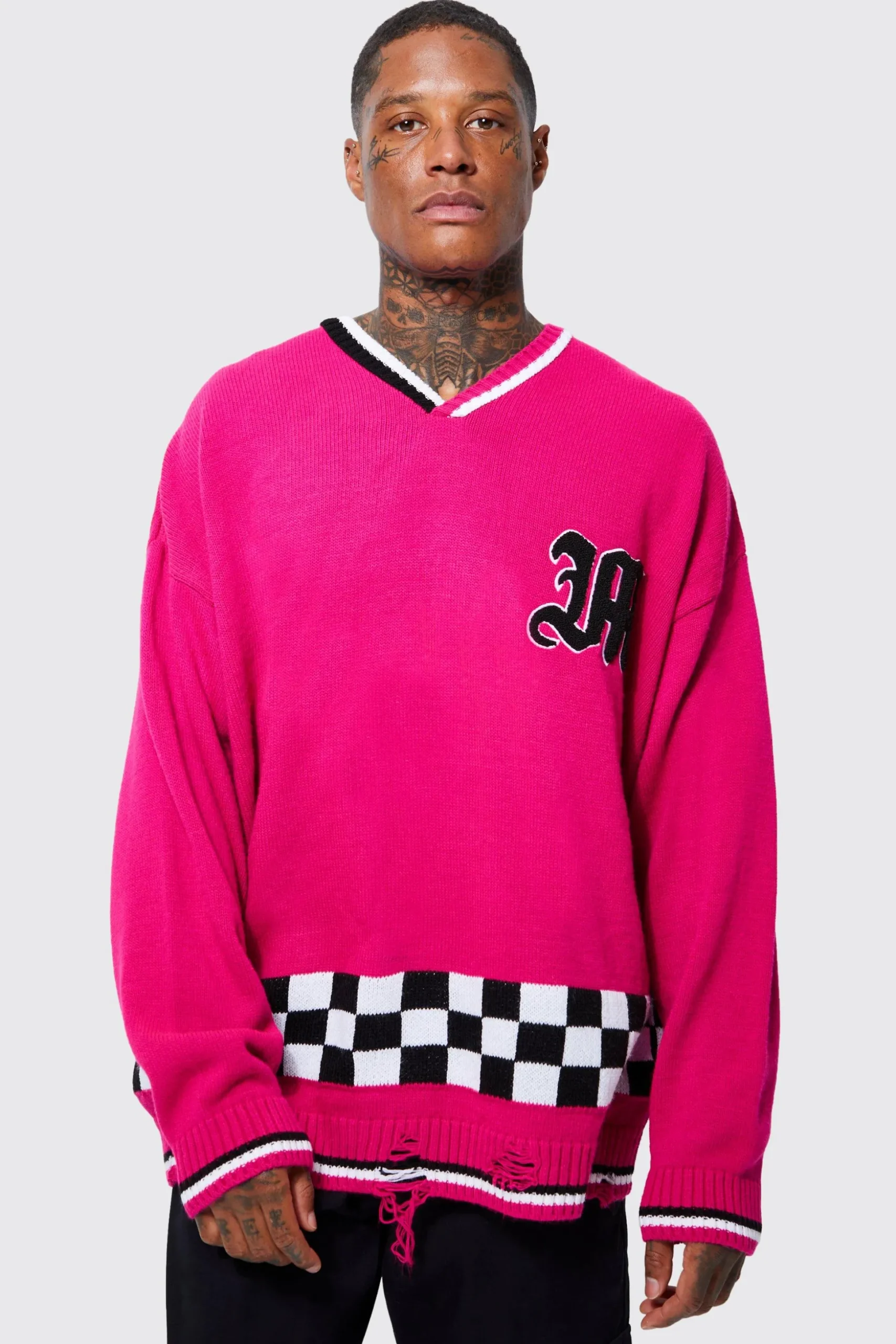 Oversized Check Hem Knitted Hockey Top | BoohooMAN UK