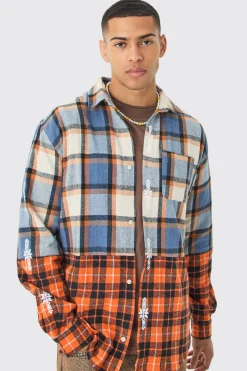 Oversized Check Splice Printed Placket Shirt | BoohooMAN UK