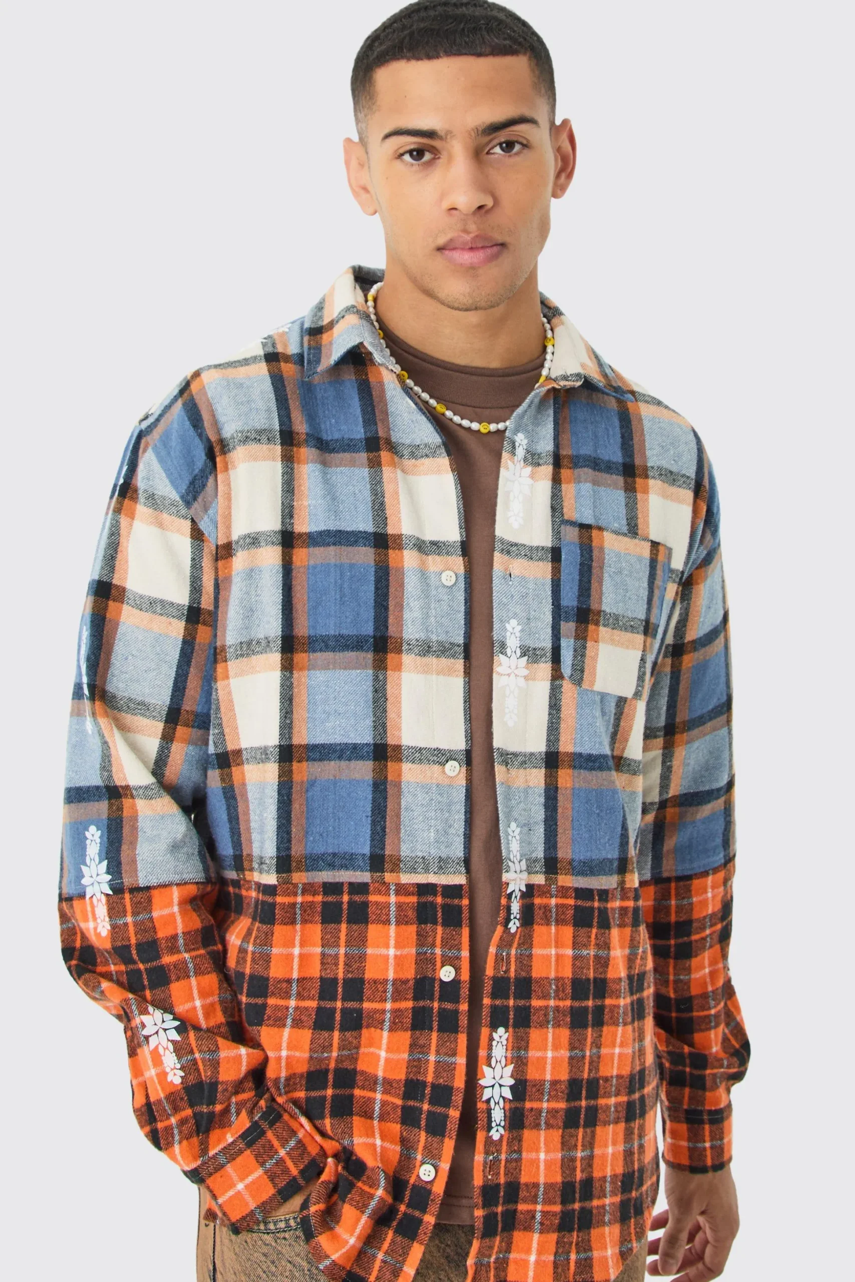 Oversized Check Splice Printed Placket Shirt | BoohooMAN UK