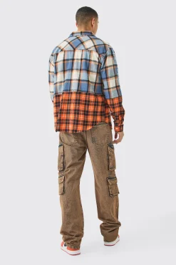 Oversized Check Splice Printed Placket Shirt | BoohooMAN UK