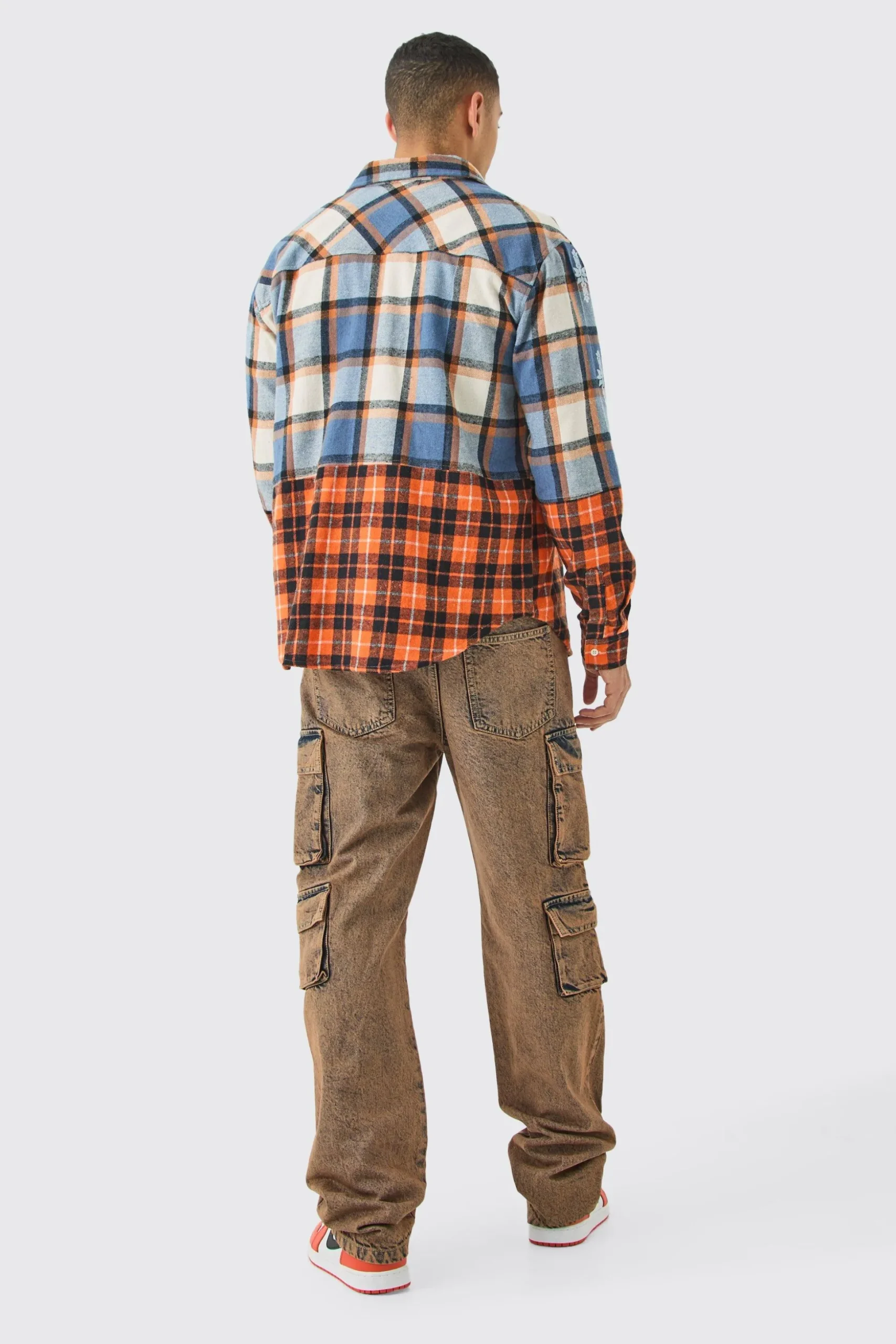 Oversized Check Splice Printed Placket Shirt | BoohooMAN UK