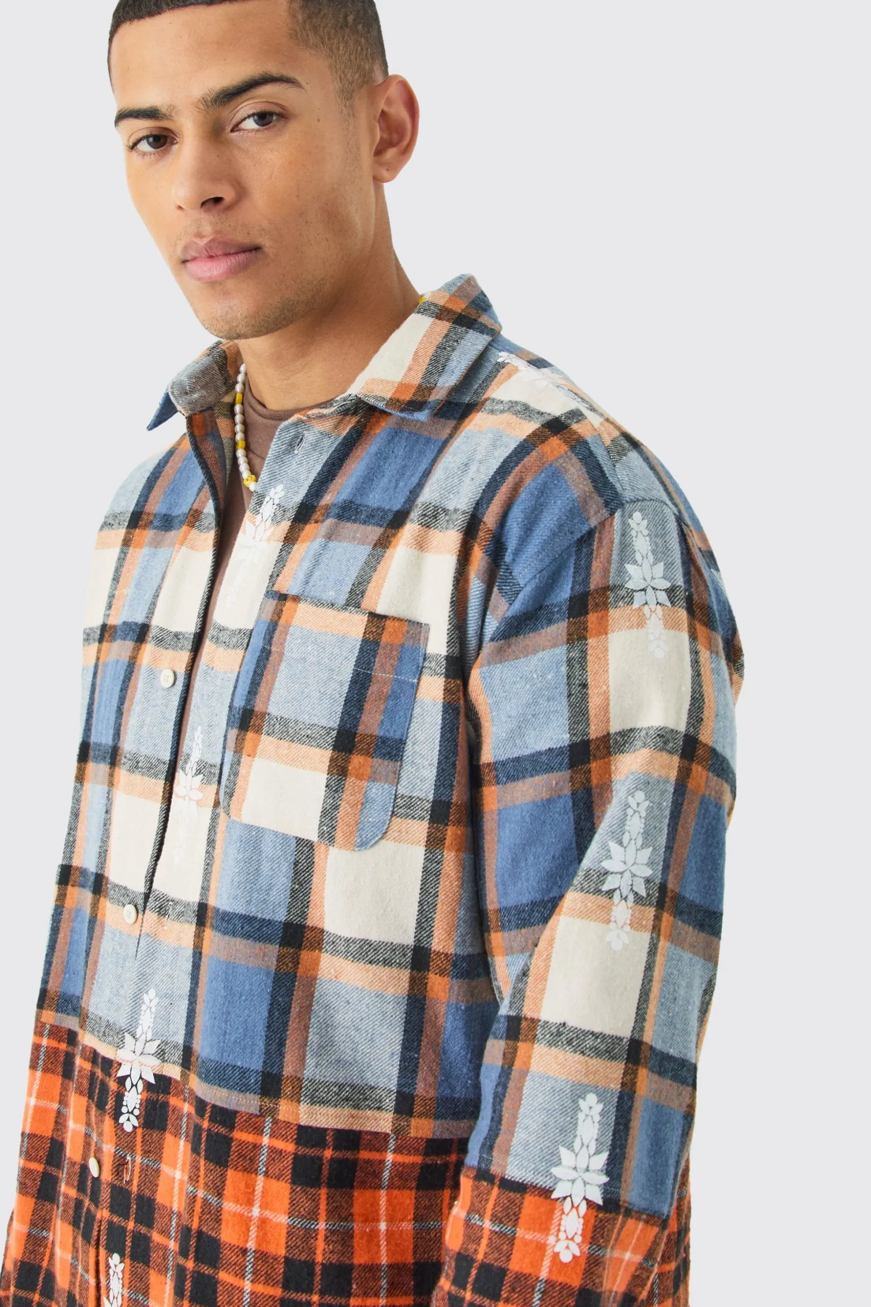 Oversized Check Splice Printed Placket Shirt | BoohooMAN UK