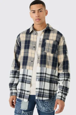 Oversized Check Splice Printed Placket Shirt | BoohooMAN UK