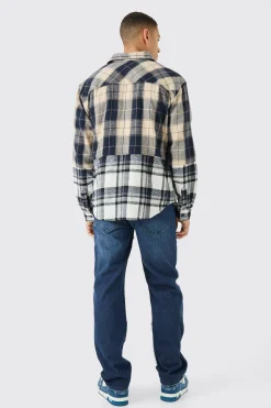 Oversized Check Splice Printed Placket Shirt | BoohooMAN UK