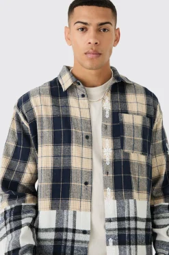 Oversized Check Splice Printed Placket Shirt | BoohooMAN UK