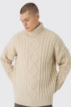 Oversized Chunky Cable Knit Roll Neck Jumper | BoohooMAN UK