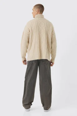 Oversized Chunky Cable Knit Roll Neck Jumper | BoohooMAN UK