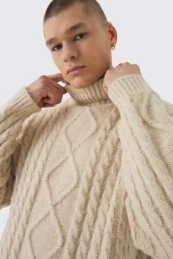 Oversized Chunky Cable Knit Roll Neck Jumper | BoohooMAN UK