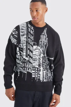 Oversized City Scene Knitted Jumper | BoohooMAN UK