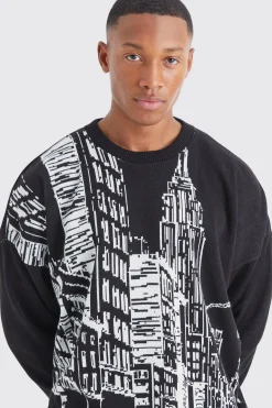 Oversized City Scene Knitted Jumper | BoohooMAN UK