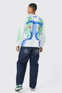 Oversized Closed Mesh Graffiti Moto Long Sleeve T-shirt | BoohooMAN UK