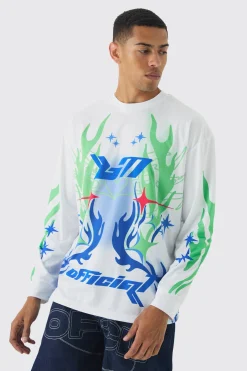 Oversized Closed Mesh Graffiti Moto Long Sleeve T-shirt | BoohooMAN UK