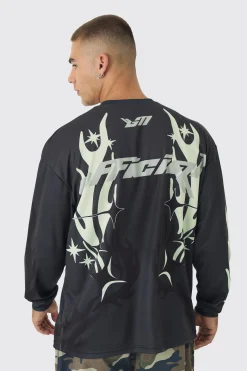 Oversized Closed Mesh Graffiti Moto T-shirt | BoohooMAN UK