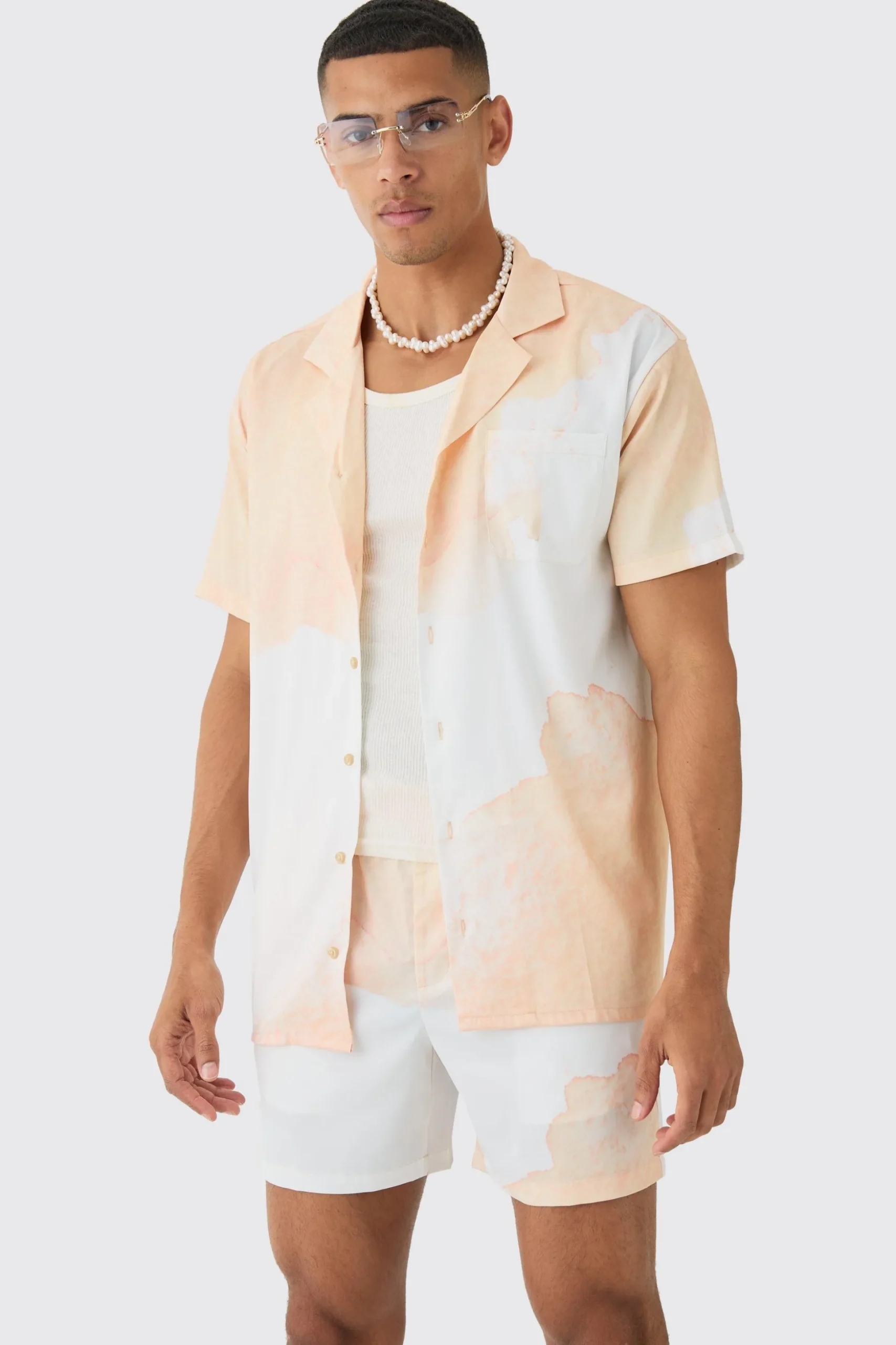 Oversized Cloud Short Sleeve Satin Shirt & Short Set | BoohooMAN UK