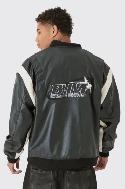 Oversized Colour Block Detail Moto Badge Bomber Jacket In Black | BoohooMAN UK