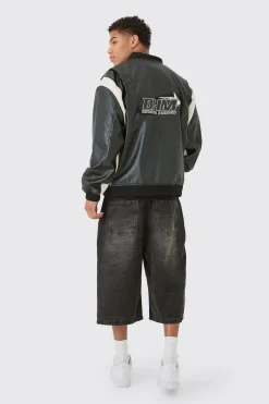 Oversized Colour Block Detail Moto Badge Bomber Jacket In Black | BoohooMAN UK