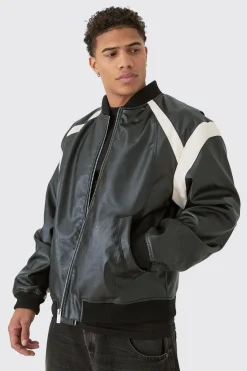 Oversized Colour Block Detail Moto Badge Bomber Jacket In Black | BoohooMAN UK
