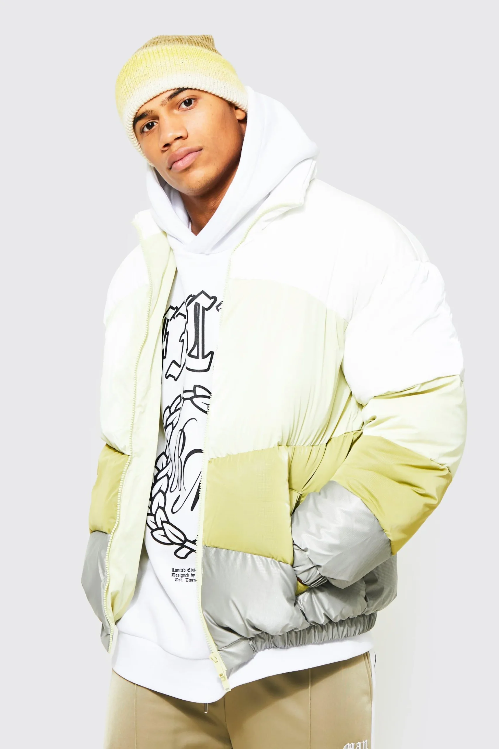 Oversized Colourblock Funnel Neck Puffer | BoohooMAN UK
