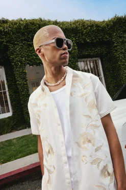 Oversized Concealed Placket Tonal Embroidery Shirt | BoohooMAN UK