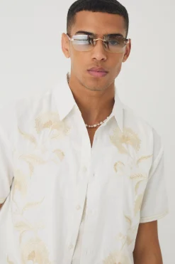 Oversized Concealed Placket Tonal Embroidery Shirt | BoohooMAN UK