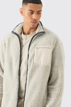 Oversized Contrast Borg Jacket | BoohooMAN UK