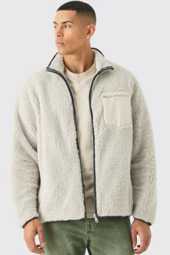 Oversized Contrast Borg Jacket | BoohooMAN UK