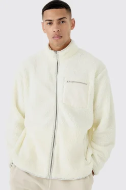 Oversized Contrast Borg Jacket | BoohooMAN UK
