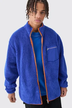Oversized Contrast Borg Jacket | BoohooMAN UK