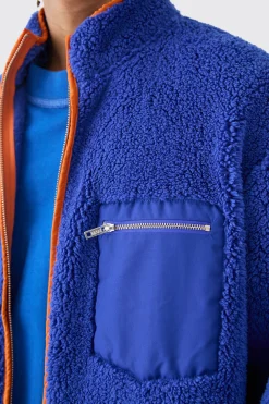 Oversized Contrast Borg Jacket | BoohooMAN UK