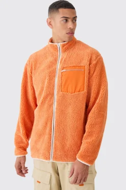 Oversized Contrast Borg Jacket | BoohooMAN UK