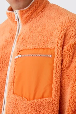 Oversized Contrast Borg Jacket | BoohooMAN UK