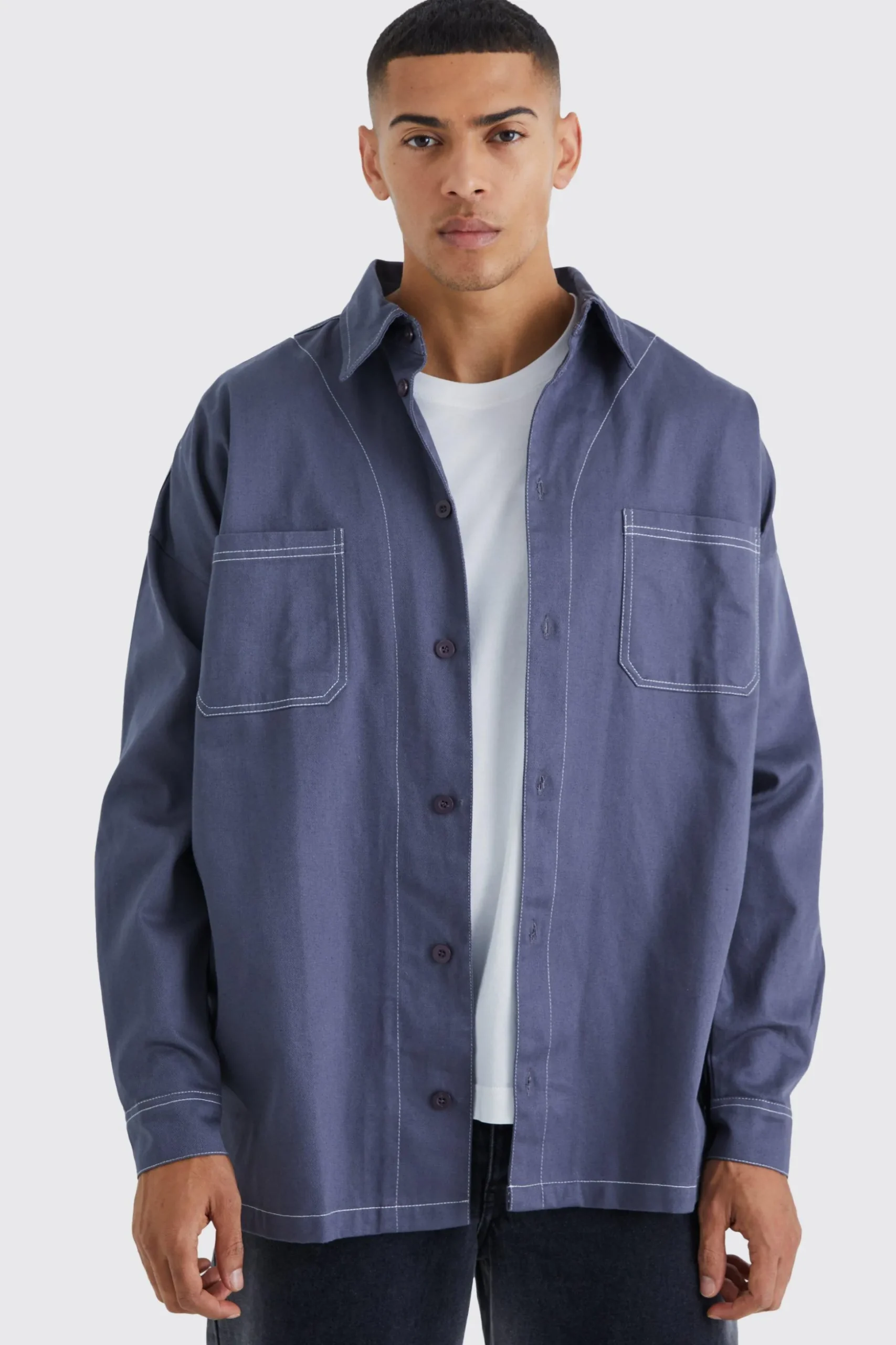 Oversized Contrast Stitch Twill Overshirt | BoohooMAN UK