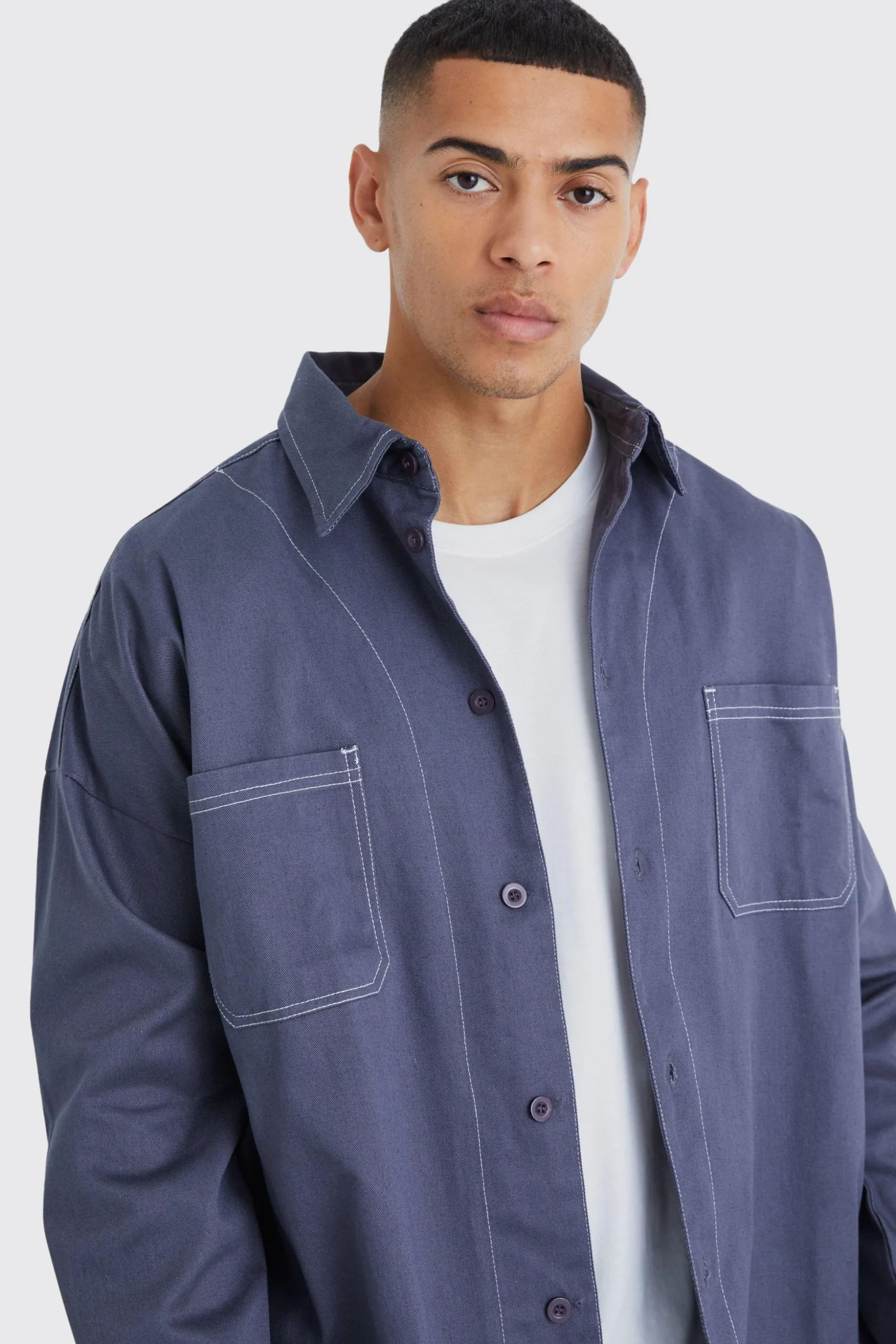 Oversized Contrast Stitch Twill Overshirt | BoohooMAN UK