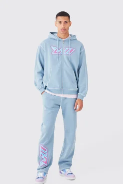 Oversized Contrast Stitch Heat Graphic Tracksuit | BoohooMAN UK