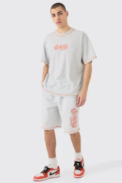 Oversized Contrast Stitch Applique T-shirt & Short Set | BoohooMAN UK