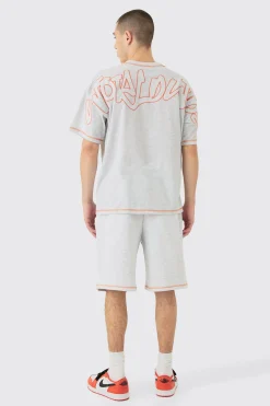 Oversized Contrast Stitch Applique T-shirt & Short Set | BoohooMAN UK
