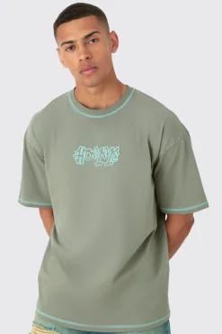 Oversized Contrast Stitch Embroidered T-shirt | BoohooMAN UK